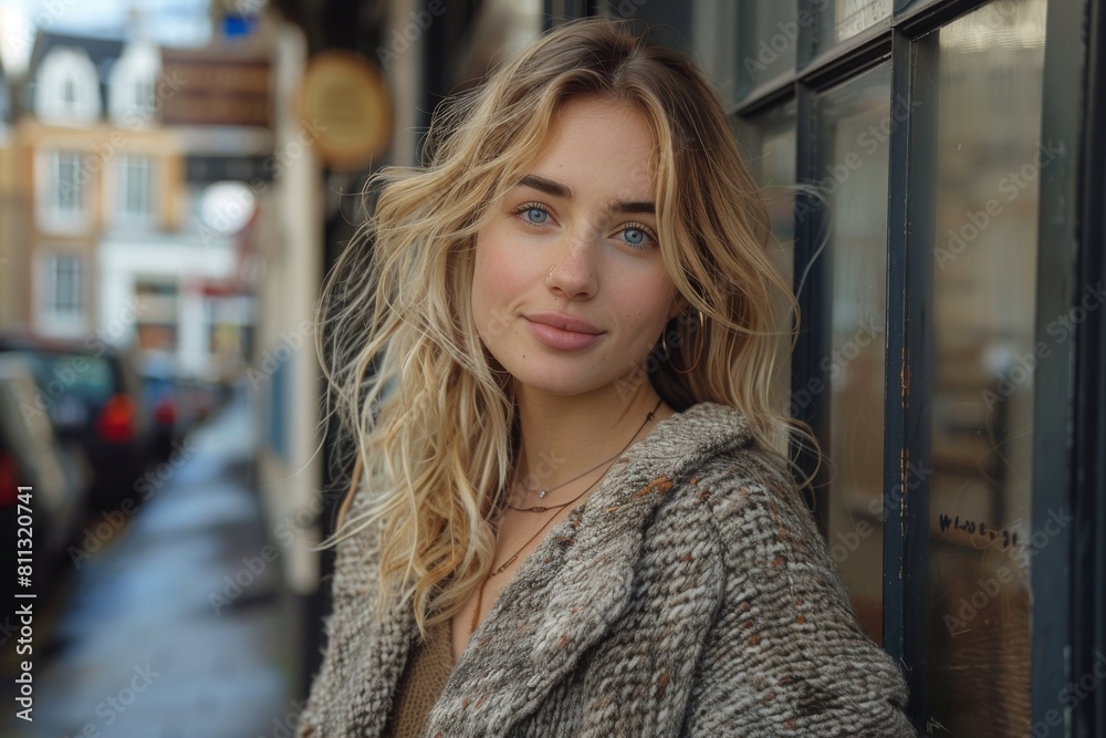 A young woman with captivating blue eyes and a cozy knitted cardigan poses near a storefront in an urban setting A young woman with captivating blue eyes and a cozy knitted cardigan poses near a storefront in an urban setting