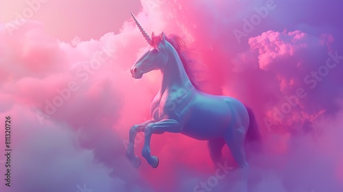 majestic unicorn with pink mane and tail stands on a bed of clouds. The unicorn is facing the viewer with a proud expression on its face.
