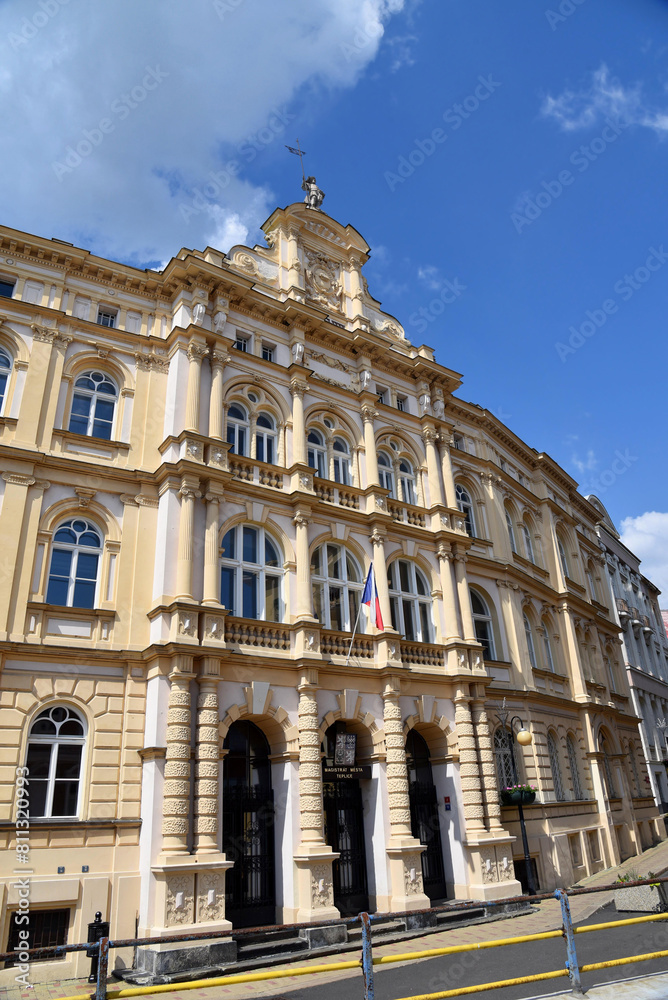 Fototapeta premium New town hall of Teplice, Czech Republic. Also called Nová radnice or Neues Rathaus. Building from the end of 19th century, in the architecture style of neorenaissance. Taken with wide angle lens.