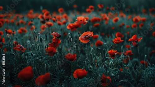 Photograph of a meadow filled with red poppy flowers