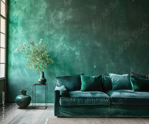 A photo of an elegant emerald green velvet sofa in front of a textured wall, with soft lighting creating a cozy atmosphere. Created withy AI photo