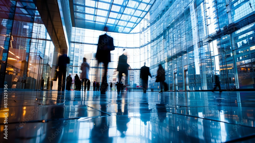 Silhouettes of business people walking in a modern glass and steel building.