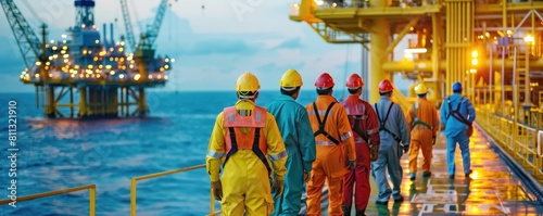 Engineers in protective gear standing on an offshore oil platform with lighting in the background.