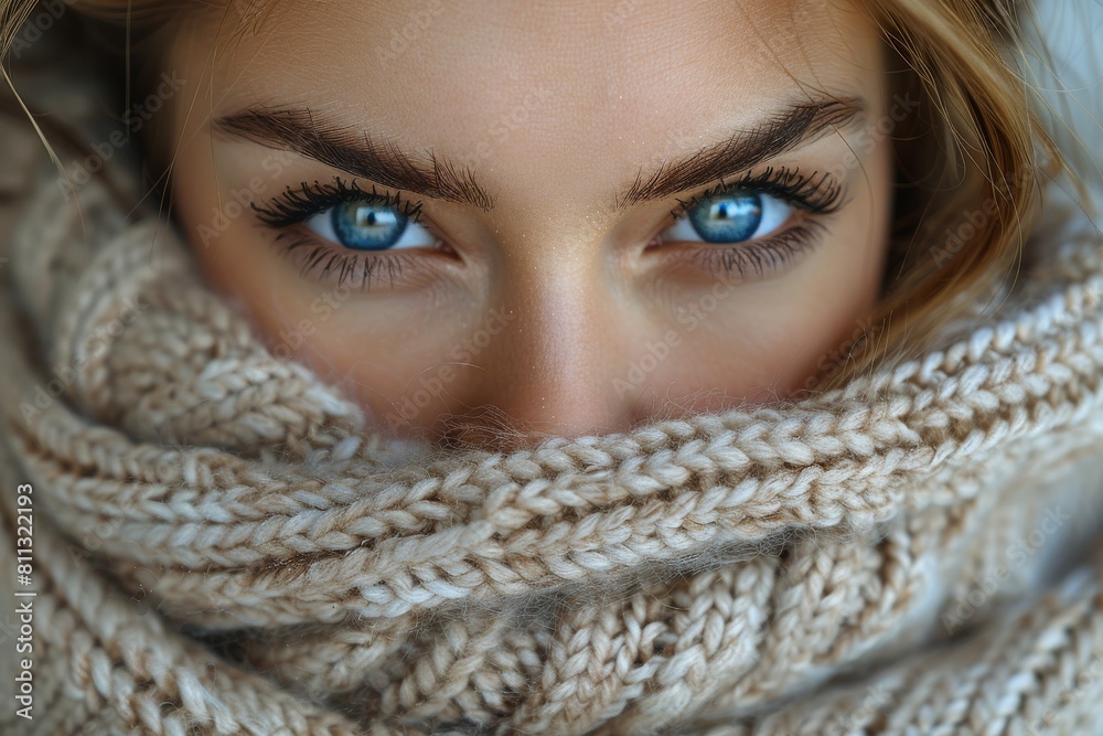 Warm beige scarf with a delicate knitted pattern, invoking a sense of coziness and comfort in winter Warm beige scarf with a delicate knitted pattern, invoking a sense of coziness and comfort in winter