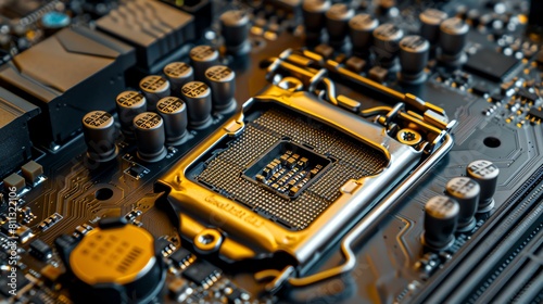 A close-up image of a computer motherboard. The image is dark and moody, with the only light coming from the yellow glow of the capacitors. photo