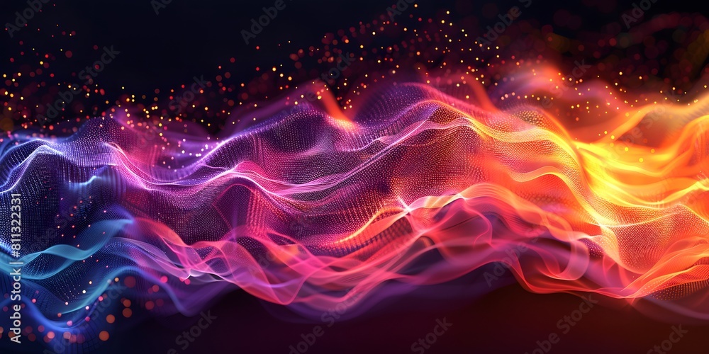 Vibrant abstract waves in blue and red with sparkling particles