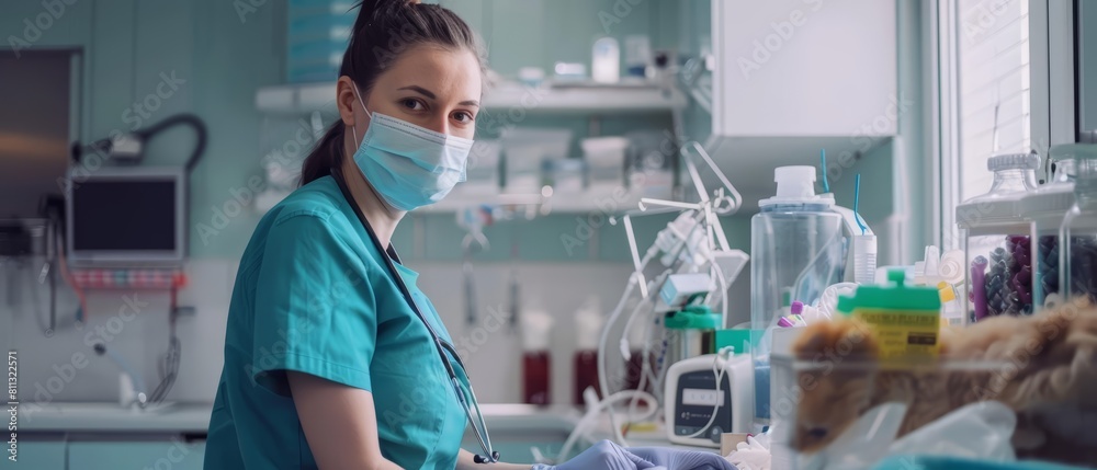 Fototapeta premium A medical worker in the vet clinic, surrounded by colorful bandages and veterinary tools