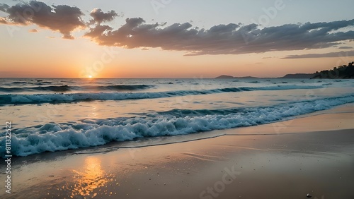 View of a beach with waves and a sunset