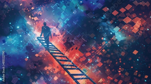 A determined professional ascending a ladder that transitions into digital pixels, representing modern career growth in technology.