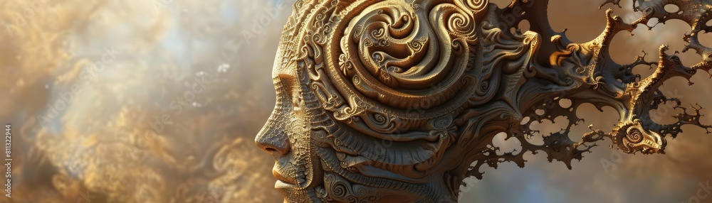 A surreal depiction of a head with a brain made up of swirling patterns and textures