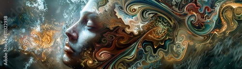 A surreal depiction of a head with a brain made up of swirling patterns and textures