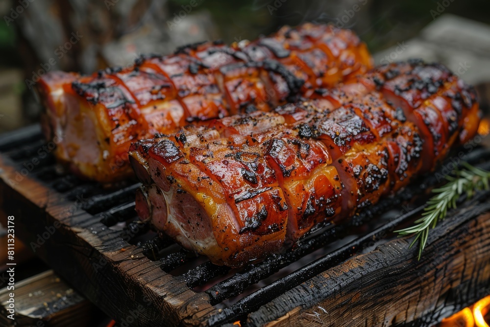 A sumptuous close-up of delicious pork loins with grill marks, roasting over an open fire, exuding mouthwatering smokiness and juiciness A sumptuous close-up of delicious pork loins with grill marks, roasting over an open fire, exuding mouthwatering smokiness and juiciness
