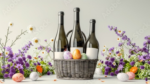 A commercial photo of an Easter basket with bottles of wine without labels inside, with Easter eggs and bright flowers. photo