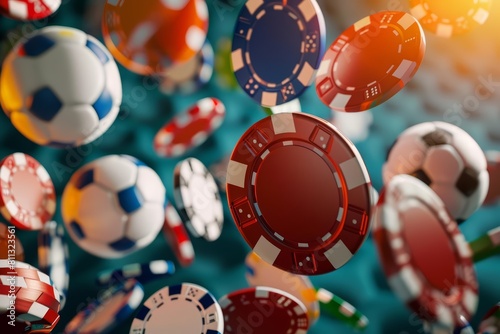 Betting gambling sports scene Design a captivating graphic featuring casino chips surrounded by soccer