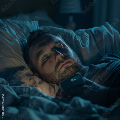 Hombre acostado en la cama sin poder dormir en medio de la noche mirando su teléfono con todas las luces apagadas photo