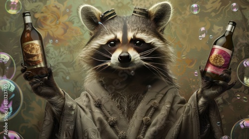 raccoon holds jars of cosmetics. Selective focus