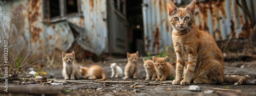 a cat with kittens on the background of an old house. Selective focus