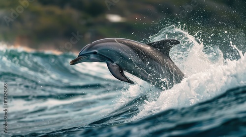 beautiful dolphin jumping over breaking waves. Generative Ai © We3 Animal