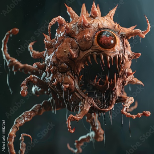 Craft a terrifying virus monster with a malevolent aura, featuring a snarling mouth full of sharp teeth and a twisted, deformed body