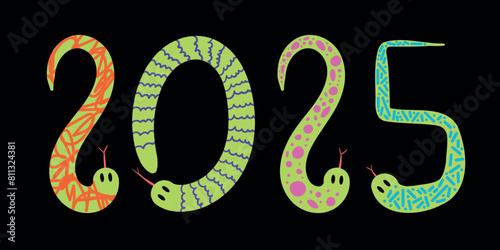 Snakes isolated on black background. Happy chinese new year zodiac sign. 2025 digits Chinese Year of the Snake. Decorate numbers Vector illustration