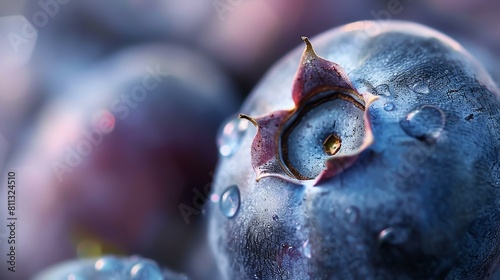Close-up of a single blueberry with water drops on its surface. The blueberry is dark blue and plump  with a slightly wrinkled skin.