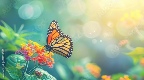 Beautiful image in nature of monarch butterfly on lantana flower on bright sunny day. Generative Ai