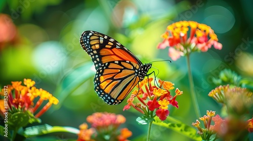 Beautiful image in nature of monarch butterfly on lantana flower on bright sunny day. Generative Ai © We3 Animal