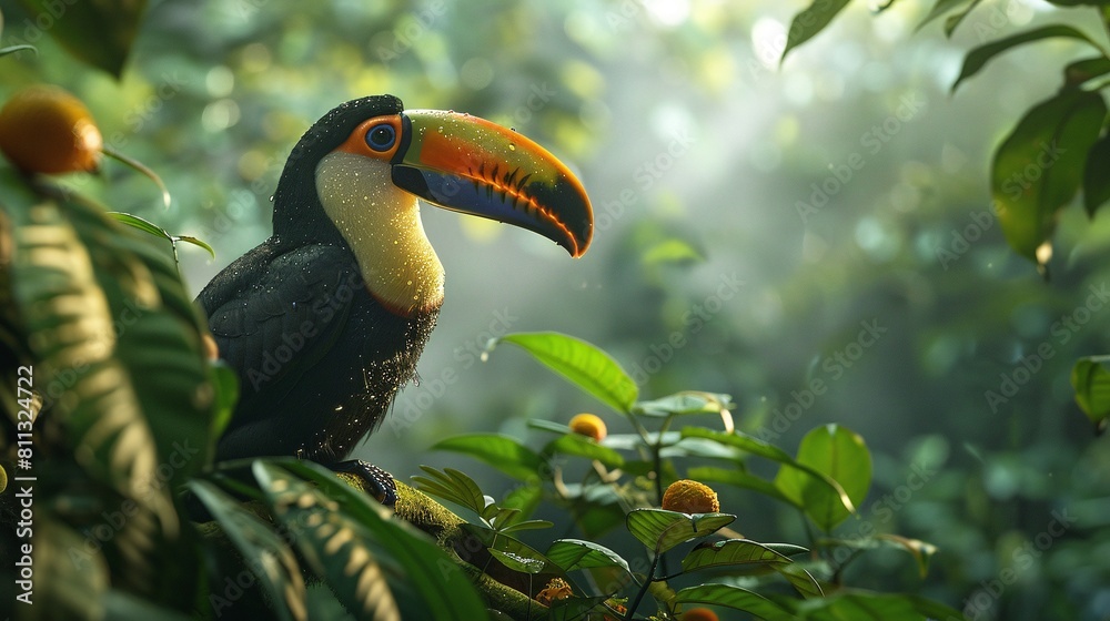 Obraz premium breathtaking wildlife moment: toucan resting closeup on lush green tree 