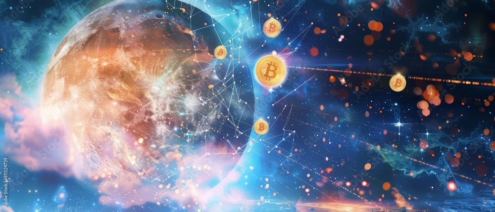 Design a dazzling digital artwork depicting the allure and excitement of cryptocurrency finance with a moon in the background