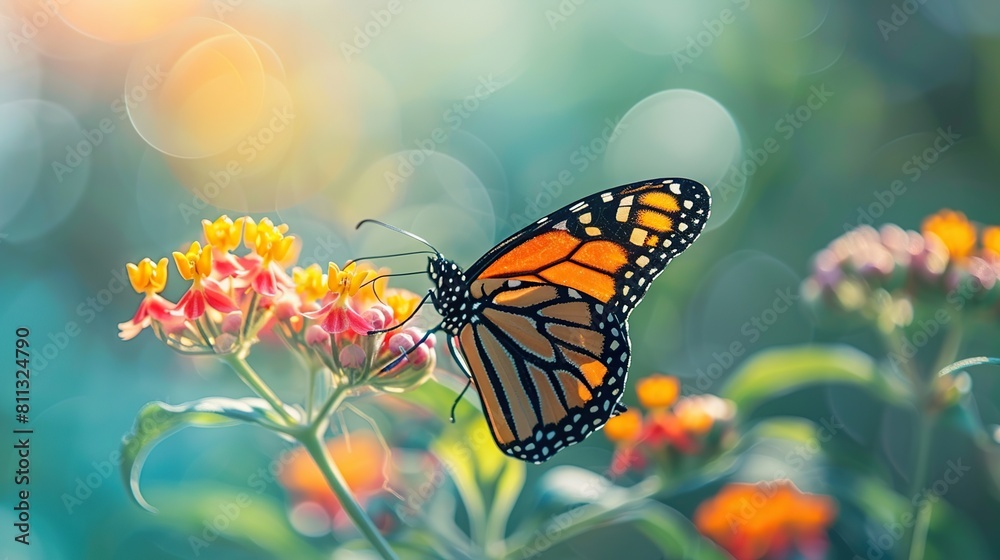 Beautiful image in nature of monarch butterfly on lantana flower on bright sunny day. Generative Ai Beautiful image in nature of monarch butterfly on lantana flower on bright sunny day. Generative Ai