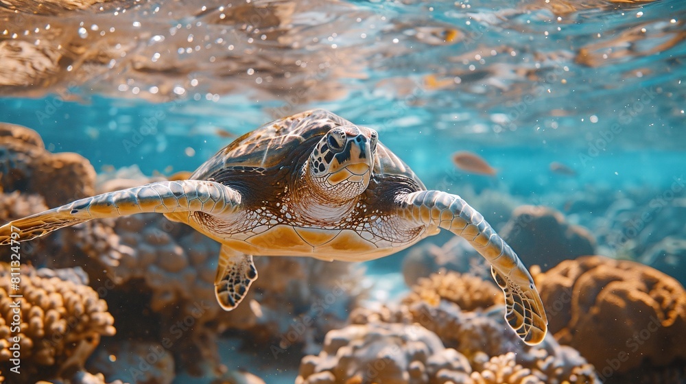 Obraz premium captivating underwater wildlife: turtle swimming closeup in marine environment