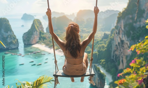 Traveler woman relaxes on a swing above the sea