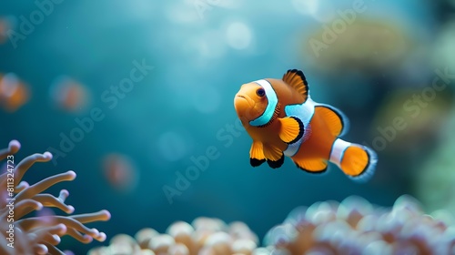 This is a beautiful photo of a clownfish swimming in a coral reef. The fish is orange and white with a black stripe around its eyes.