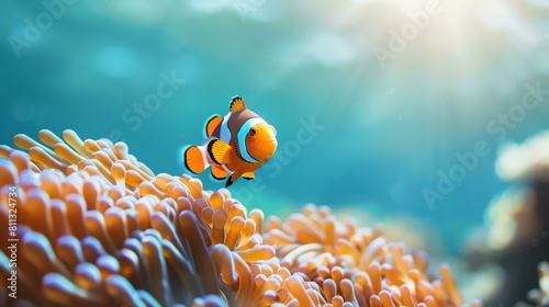 Underwater world. A bright orange clownfish swims among the tentacles of a sea anemone. photo
