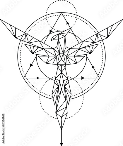 Outline black and white celestial phoenix 