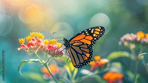 Beautiful image in nature of monarch butterfly on lantana flower on bright sunny day. Generative Ai © We3 Animal
