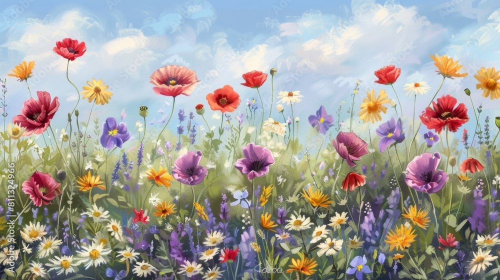 Bright and vibrant illustration of a wildflower meadow with various flowers blooming under a clear blue sky. Bright and vibrant illustration of a wildflower meadow with various flowers blooming under a clear blue sky.