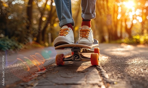 Teenage skater riding on a skateboard in urban area on sunny summer evening