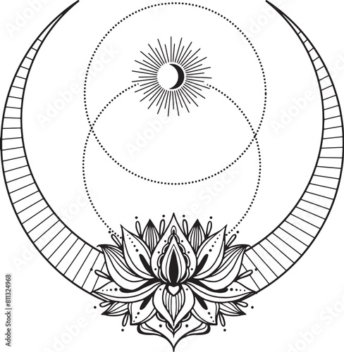 Outline celestial Moon with flower 