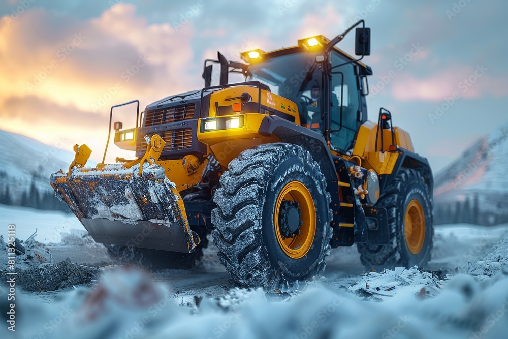 A yellow bulldozer with its blade covered in snow is captured on a snowy terrain during twilight, showcasing a strong industrial machine against a natural backdrop A yellow bulldozer with its blade covered in snow is captured on a snowy terrain during twilight, showcasing a strong industrial machine against a natural backdrop