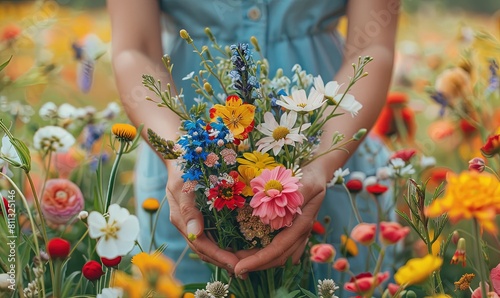 Fototapeta Naklejka Na Ścianę i Meble -  Wild flowers picking by hands at flower farm