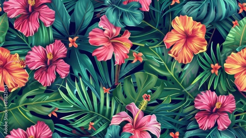 Vividly illustrated tropical pattern featuring bright hibiscus flowers and lush green palm leaves  perfect for summer-themed designs.