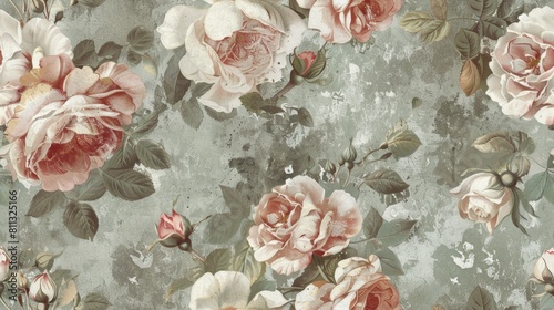 Elegant vintage rose pattern with soft pink and white roses over a distressed, textured gray background, ideal for classic decor.