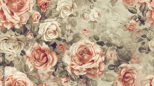 Fototapeta Naklejka Na Ścianę i Meble -  Elegant vintage rose pattern with soft pink and white roses over a distressed, textured gray background, ideal for classic decor.