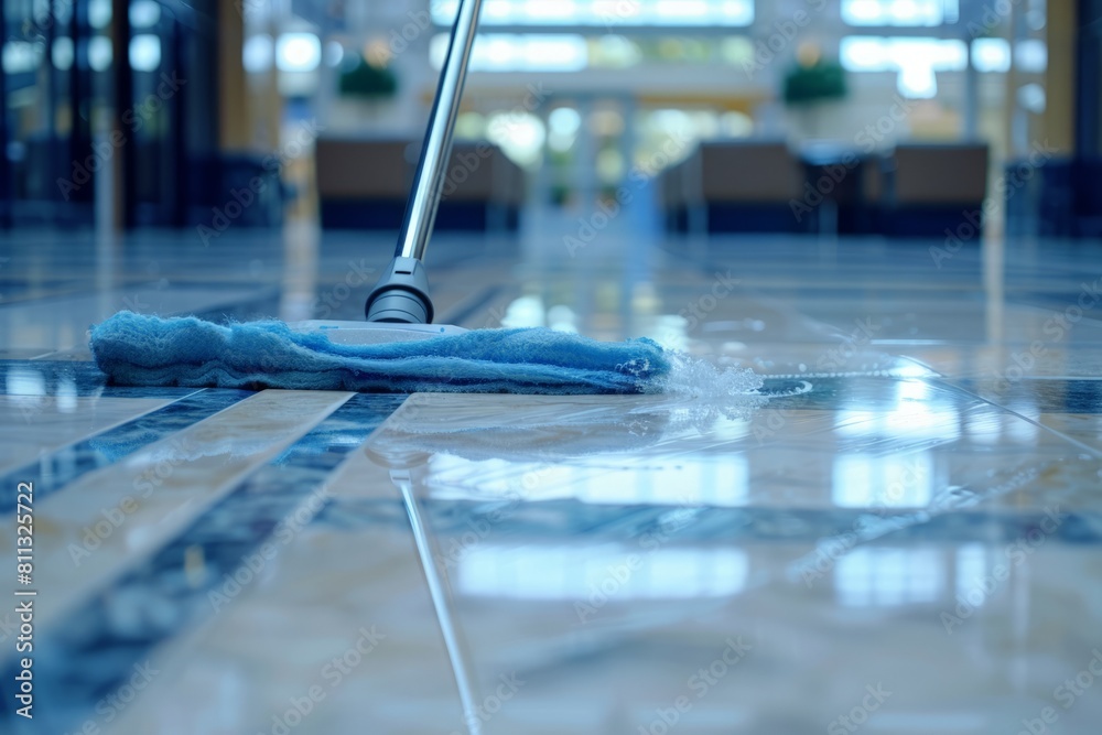 Flat wet-mop made of microfiber wipes the tiled terracotta floor, daily cleaning routine for a hygienic and healthy home, copy space, selected focus Flat wet-mop made of microfiber wipes the tiled terracotta floor, daily cleaning routine for a hygienic and healthy home, copy space, selected focus