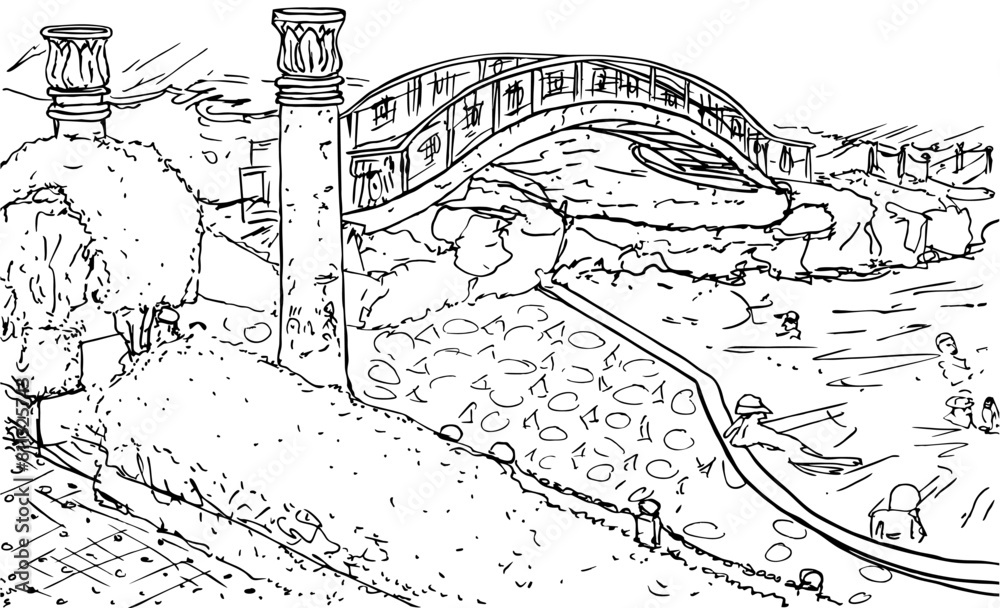 Bridge over the pool, path with hedges and Egyptian columns. Ink line drawing