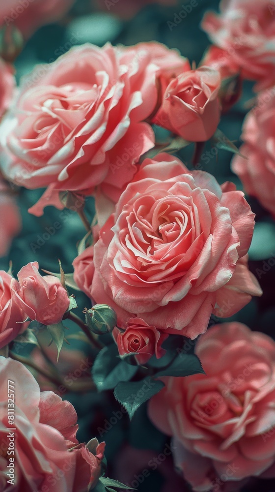Fototapeta premium A Bunch of Pink Roses With Green Leaves