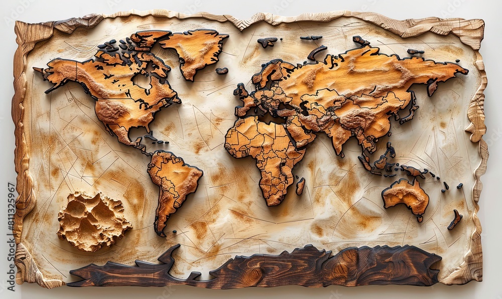 Stylized Wooden World Map in High Relief on a White Background Stock ...