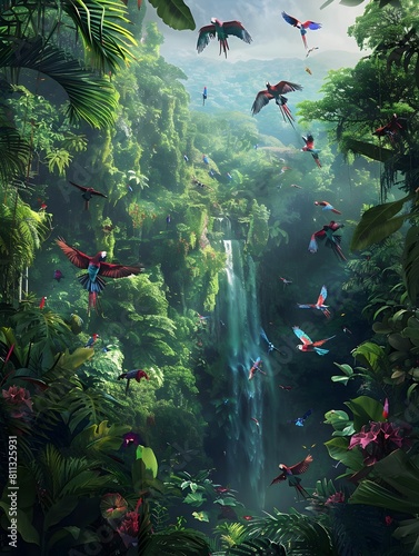 Lush Tropical Rainforest with Stunning Waterfall and Vibrant Bird Life