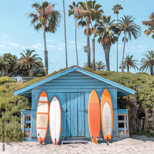 Small Blue Building With Surfboards